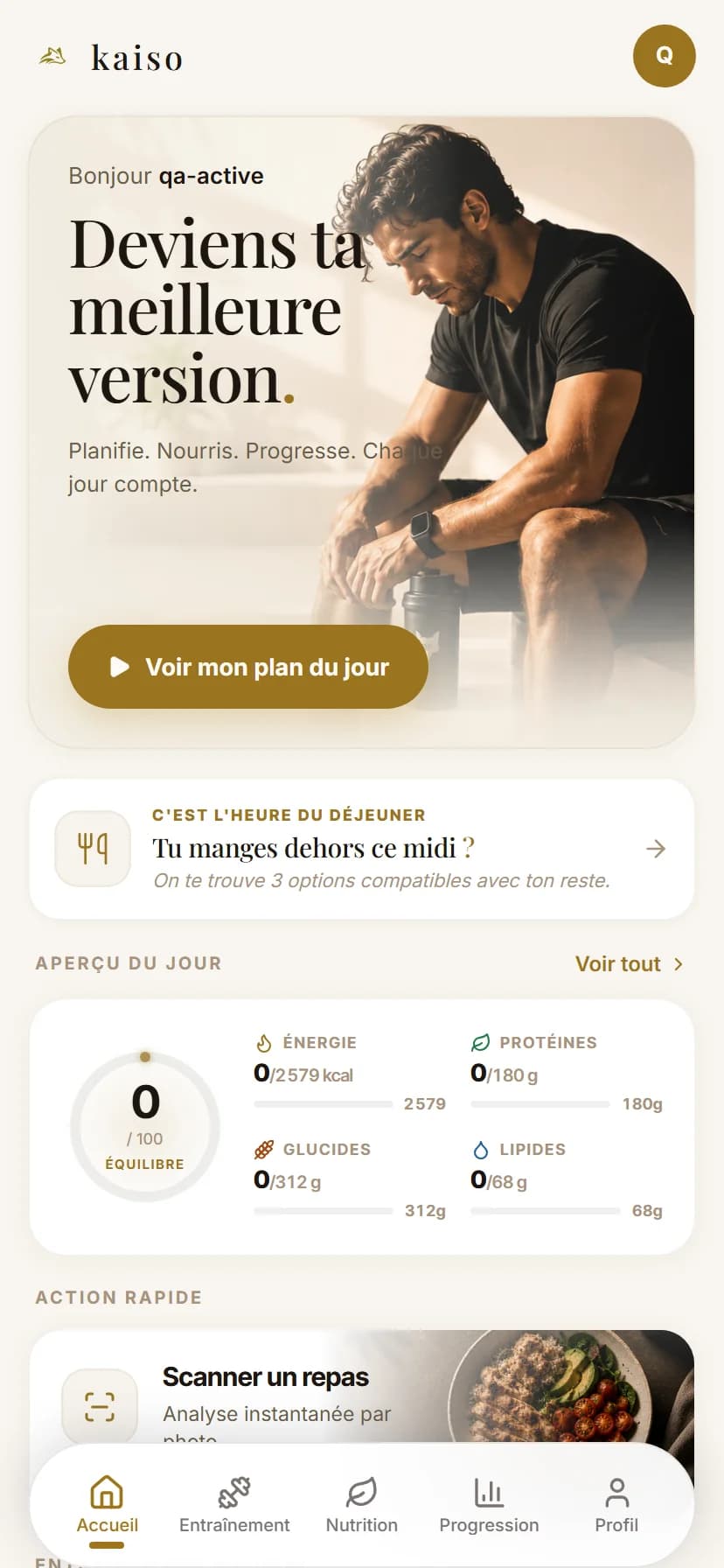 Accueil Kaiso — Jour de repos avec score du jour, plan de la semaine et coach