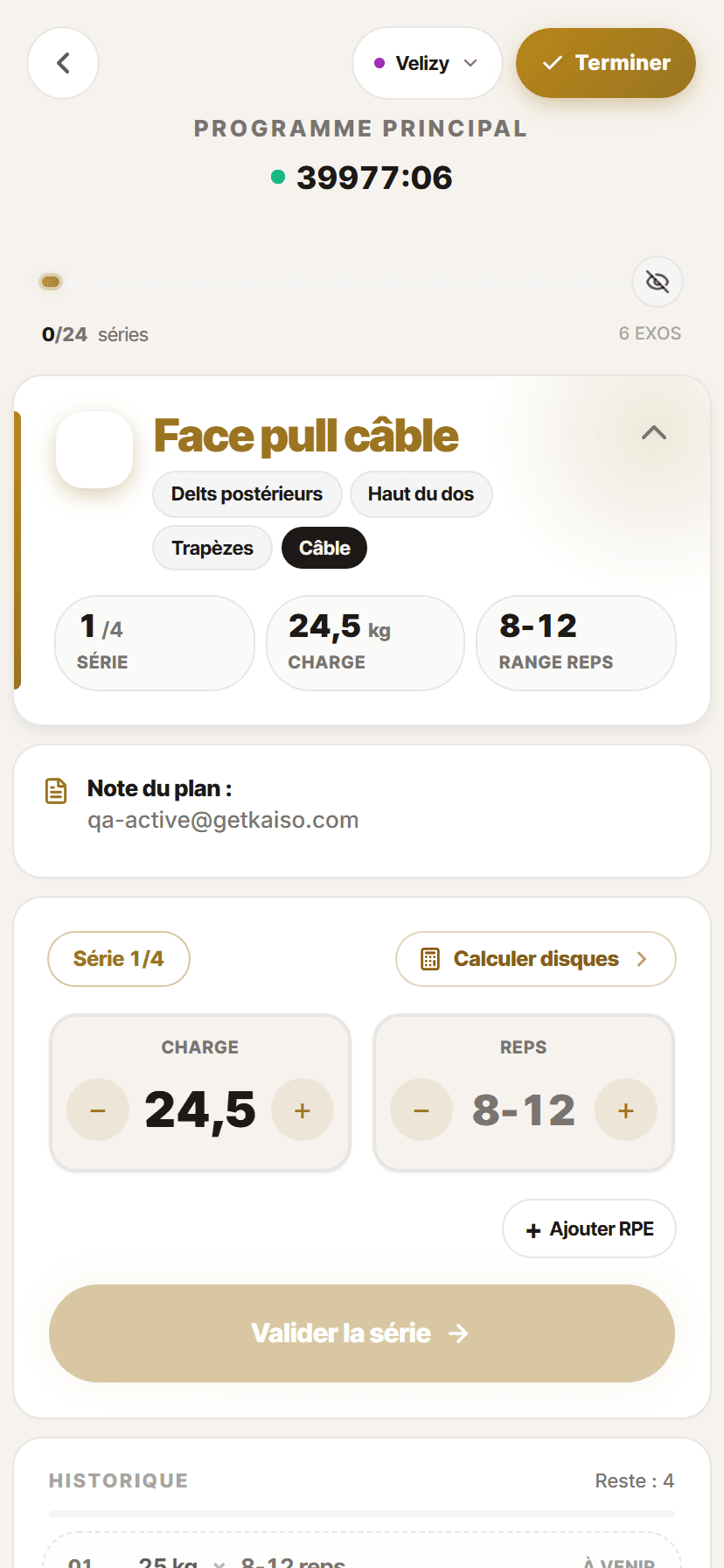 Séance Kaiso — chrono, série en cours, conseil du coach et historique